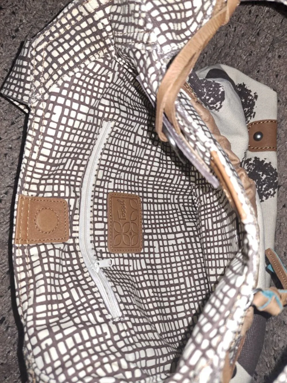 FOSSIL-Canvas/Leather Hobo Bag-Cream/Brown-2 Bag Charms-New/No Tags
